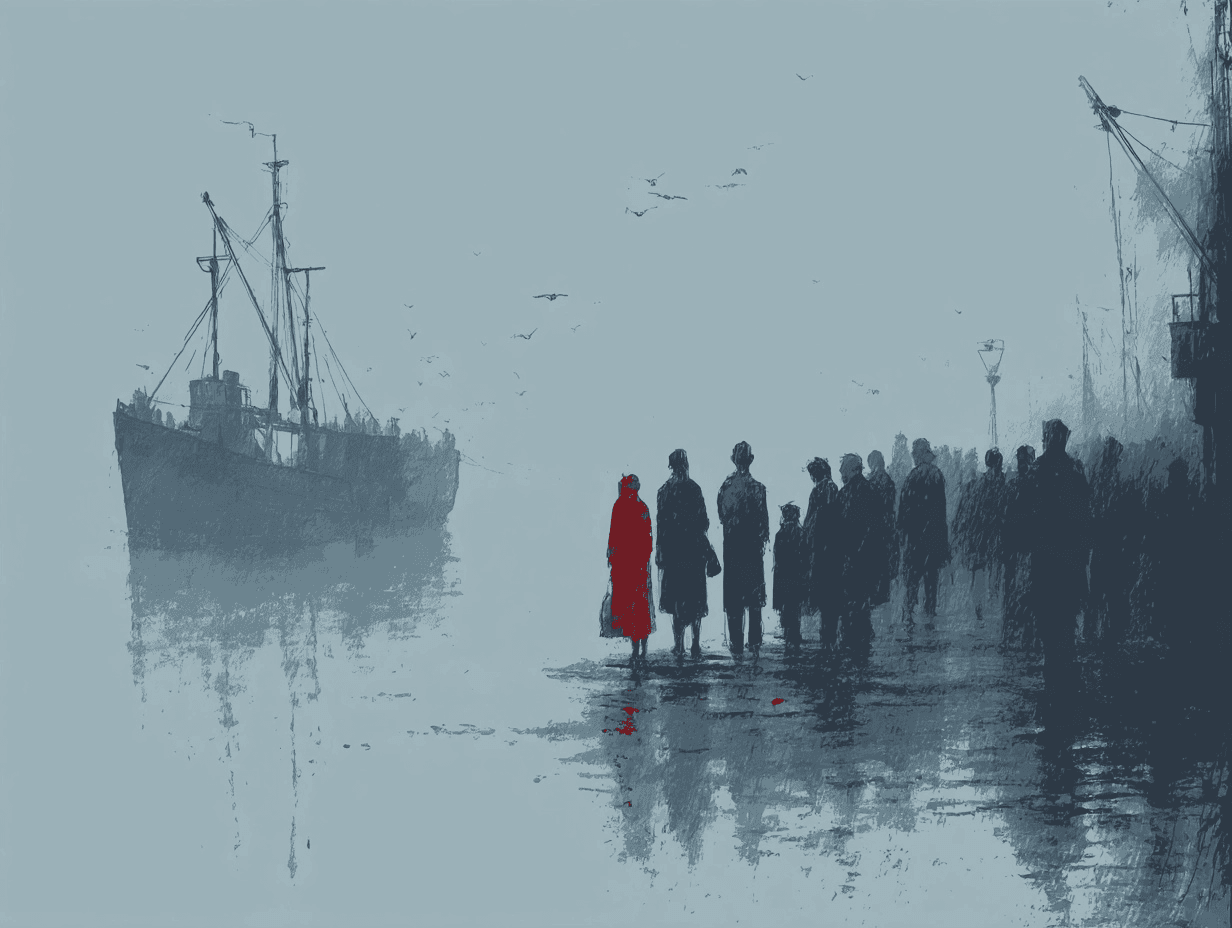 Kvinne i rødt foran en gruppe mennesker ved havnen - symboliserer Wanda Hegers rolle som bindeledd mellom fangene og omverdenen