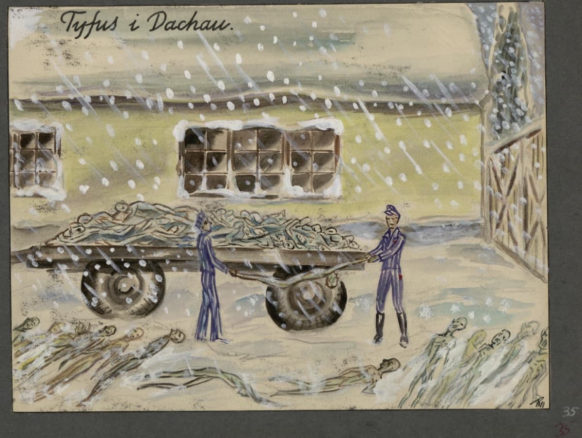 Tyfus i Dachau - tegning av Rudolf Næss