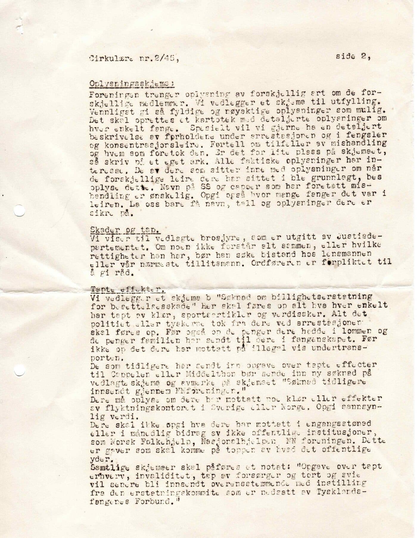Andre side av Cirkulære nr. 2/45, med avsnittene «Oplysningsskjema», «Skader og tap» og «Tapte effekter»