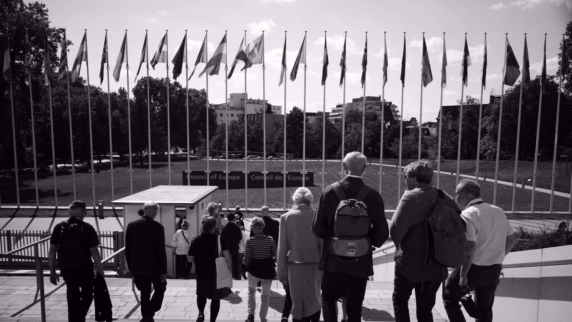 Reisefølget går ned trappen mot Europarådets hovedinngang, under medlemslandenes flagg