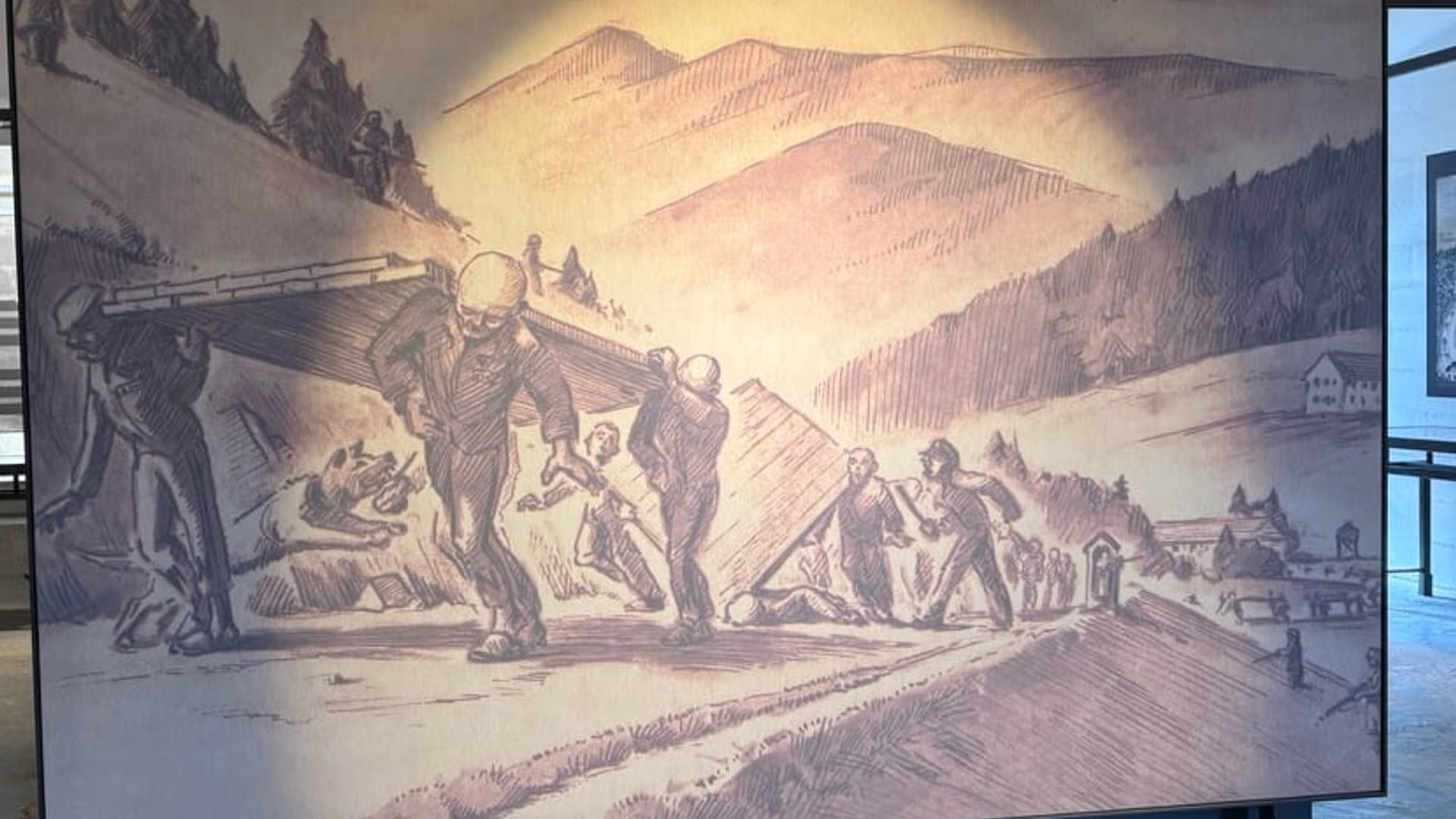 Forstørret gjengivelse av Henri Gayots tegning av fanger som bærer byggematerialer, med de skogkledde fjellene ved Natzweiler i bakgrunnen