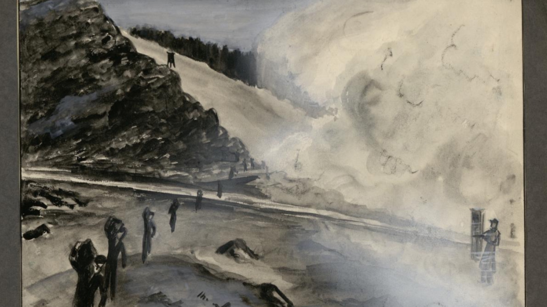 Fanger i vintermarsj mot steinbruddet, Natzweiler - akvarell av Rudolf Næss